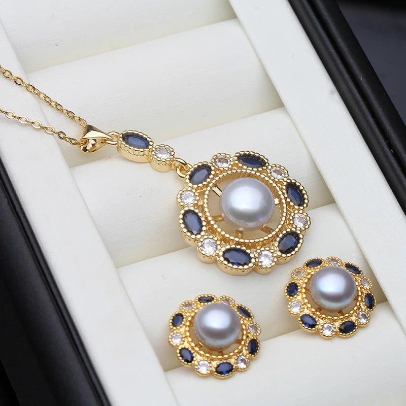 Real Gold Plated Pearl Pendant Earrings Sets
