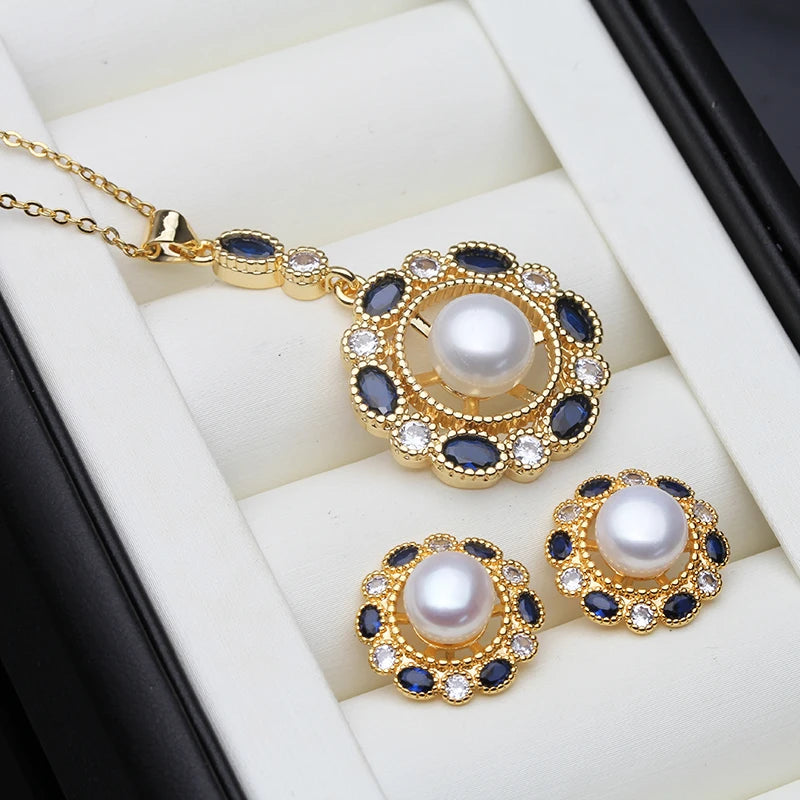 Real Gold Plated Pearl Pendant Earrings Sets
