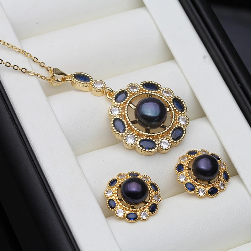 Real Gold Plated Pearl Pendant Earrings Sets